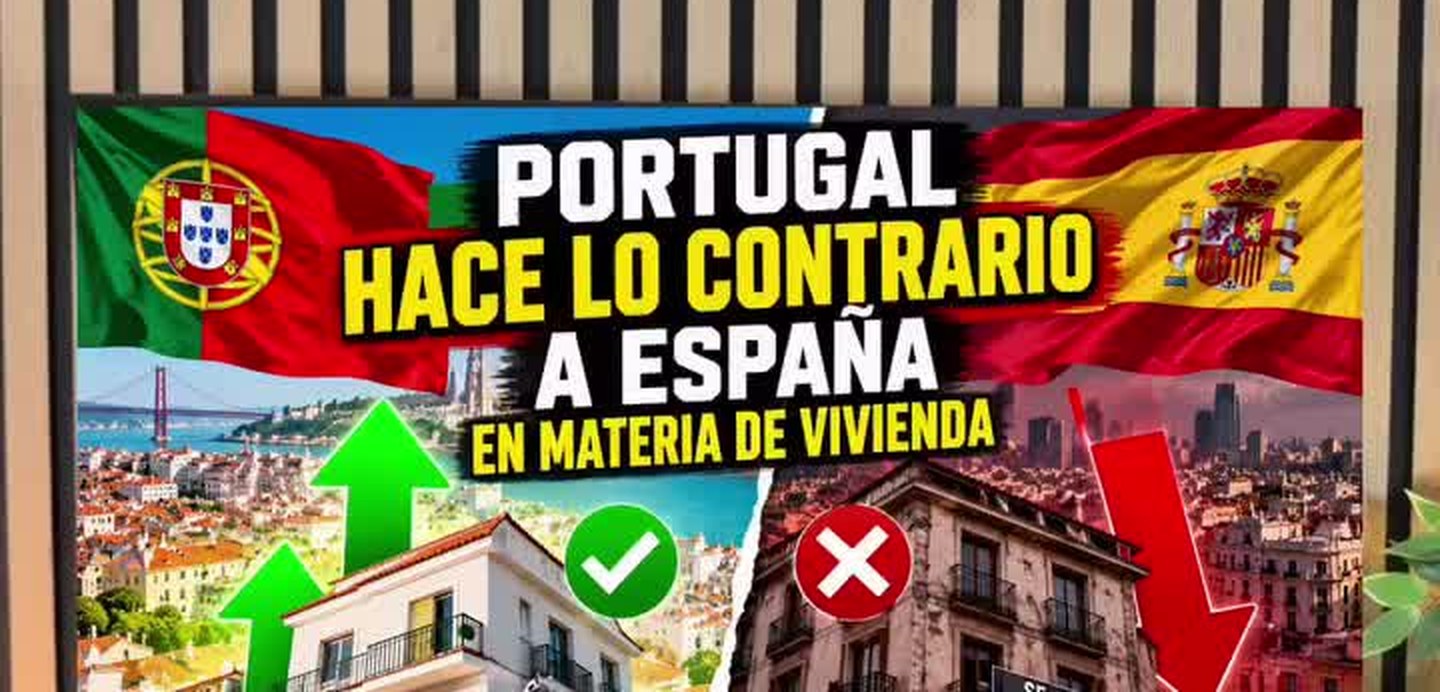 Gráfico del vídeo que compara Portugal y España en materia de vivienda, con una marca verde y una roja